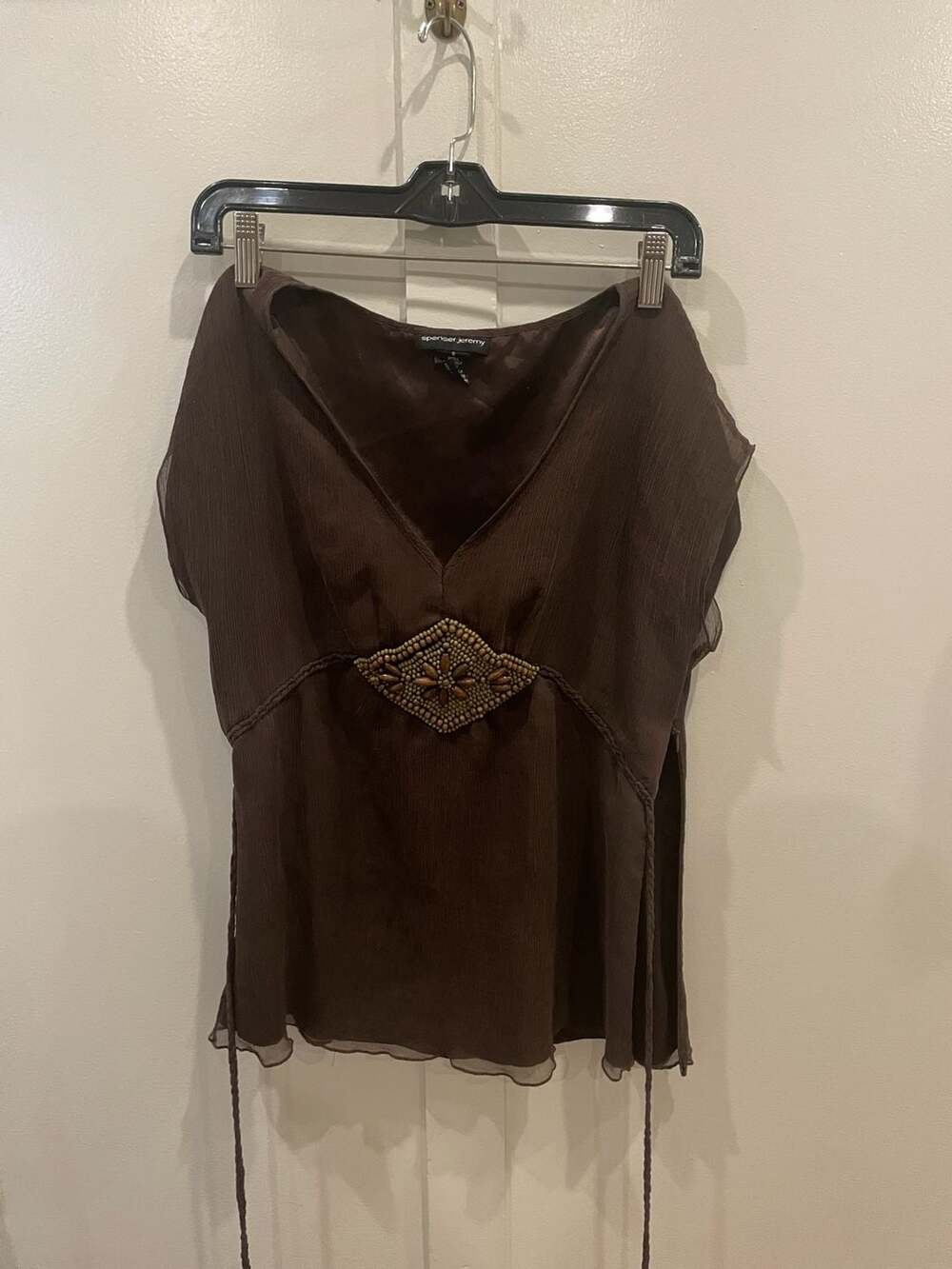 Spenser Jeremy Vintage Y2K Brown Silk Beaded Embellished Top Size S
